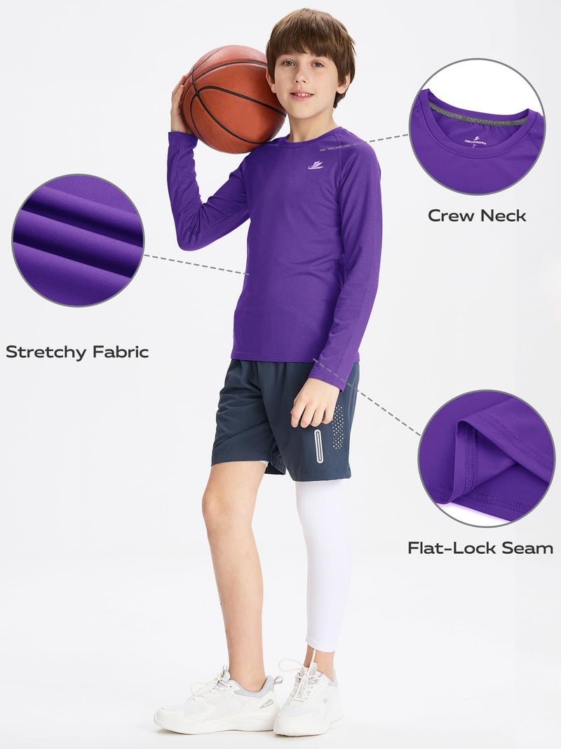 DEVOROPA Youth Boys Compression Shirt Long Sleeve Football Baseball Undershirt Quick Dry Sports Baselayer Purple S - Image 5
